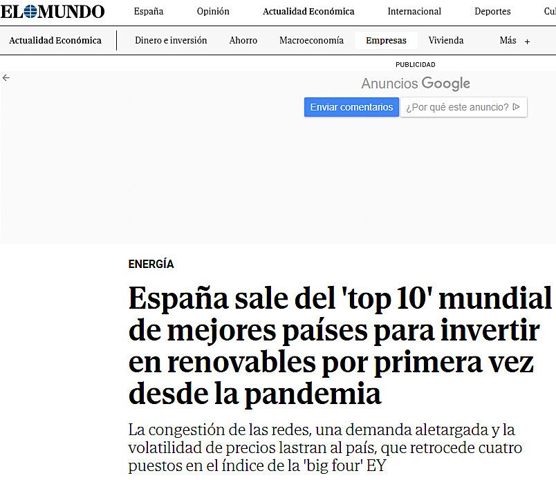 Espaa sale del 'top 10' mundial de mejores pases para invertir en renovables por primera vez desde la pandemia